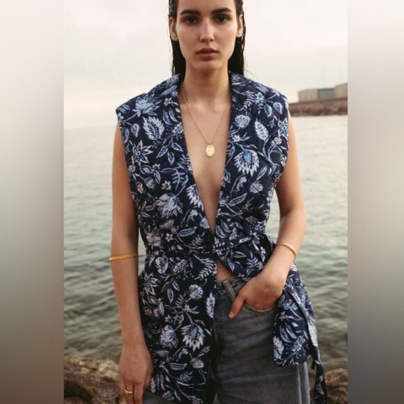 NWT Sonmer Quilted Floral Print Belted Long Vest Cottagecore Women's Small - Picture 2 of 12